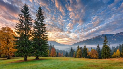 Autumnal mountain meadow at sunrise