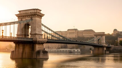Obraz premium Chain bridge over Danube river with Buda castle in background at sunrise budapest hungary