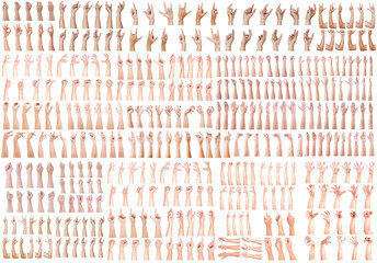 SUPER SET of Caucasian hand gestures isolated over the white background.