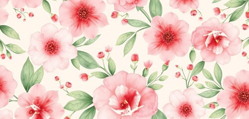 Fototapeta premium Delicate pink & green watercolor floral pattern, rustic vintage style Perfect for textiles & wallpapers, soft, romantic