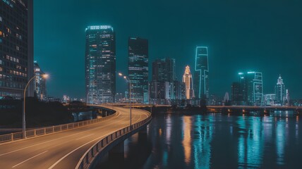 Obraz premium City skyline with illuminated skyscrapers and highway overpass at night image