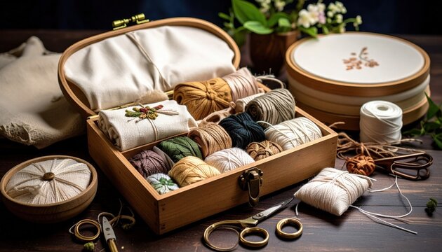 Assortment Of Sewing And Embroidery Supplies In Wooden Box