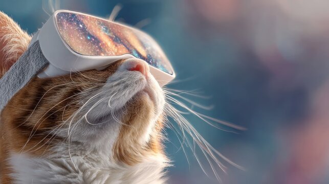 An orange tabby cat with VR headset gazing at a galaxy scene, blurred background - Powered by Adobe