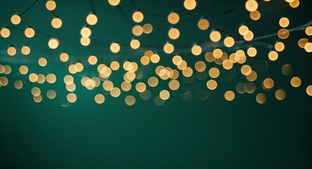 Blurred string lights hanging against a dark green background creating a bokeh effect