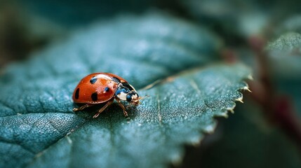 Ladybug on teal leaf closeup