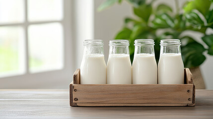 Fresh milk bottles in wooden carrier, showcasing rustic charm and natural setting