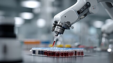 Advanced robotic arm handling test tubes in a modern laboratory setting.