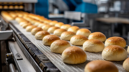 Freshly baked bread rolls moving along a food production conveyor belt