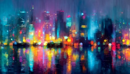 NEON-BELEUCHTETE CYBERPUNK-STADTLANDSCHAFT MIT GLITCH-EFFEKTEN