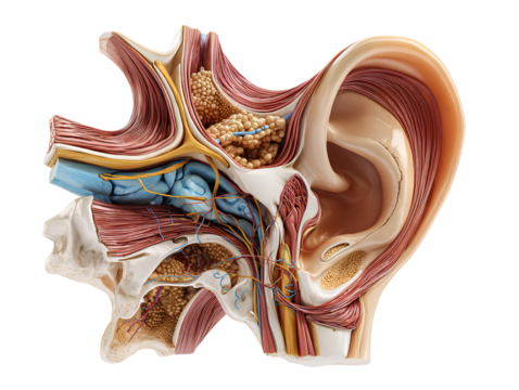 Anatomical diagram of ear and nasal structures white background