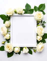 White frame surrounded by cream roses and green leaves on a white background