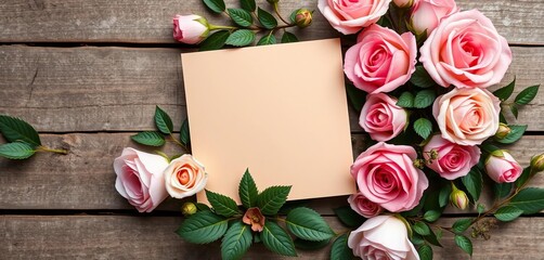 Rustic beige invitation card nestled amongst pastel roses and greenery on aged wood,  summer,  stationery
