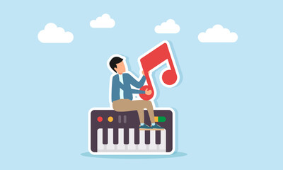 Young man sitting on piano holding musical note illustration for music day or festival celebration