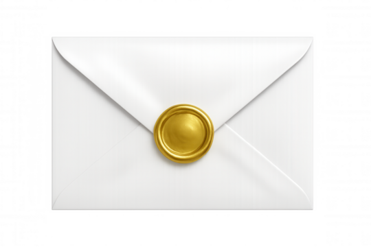 Pristine white envelope featuring golden wax seal, symbolizing elegant communication against transparent backdrop