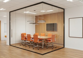 A contemporary and professional glass conference room with vibrant orange chairs, wood paneling, and modern light fixtures.

