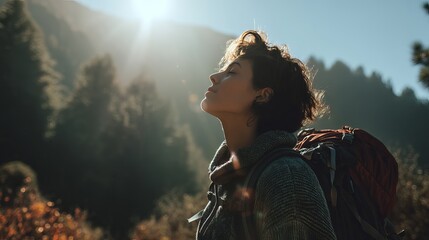 Profile of a young woman enjoying nature with a backpack during a sunny hike.