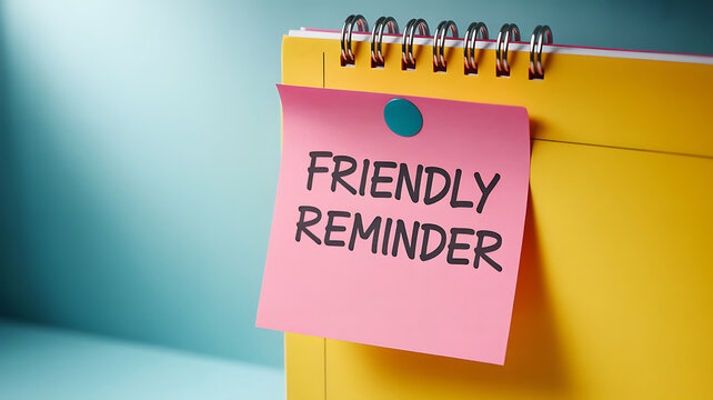 Pink sticky note with friendly reminder on yellow notepad