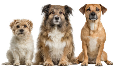 Group of three diverse mixed-breed dogs sitting attentively showcasing different sizes breeds and coat textures.