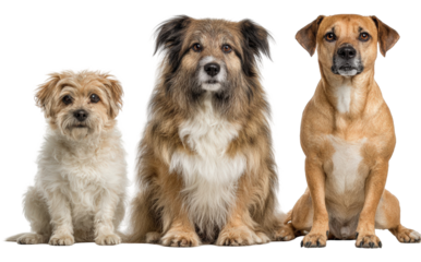 Group of three diverse mixed-breed dogs sitting attentively showcasing different sizes breeds and coat textures.