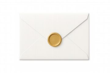White envelope sealed with golden wax, positioned on clear background, representing elegant communication and invitation design