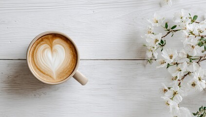 Cappuccino with heart latte art, spring blossoms