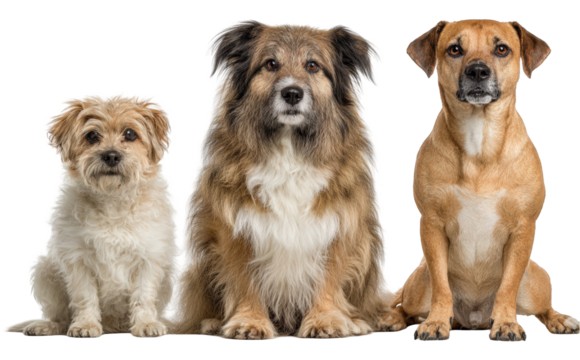 Group of three diverse mixed-breed dogs sitting attentively showcasing different sizes breeds and coat textures.