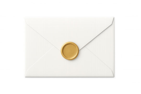 White envelope sealed with golden wax, positioned on clear background, representing elegant communication and invitation design