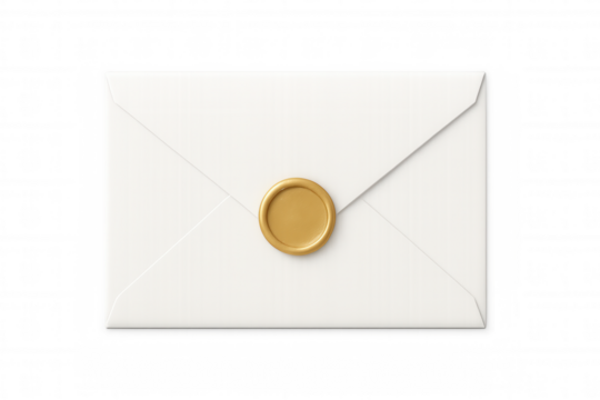 White envelope sealed with golden wax, positioned on clear background, representing elegant communication and invitation design - Powered by Adobe