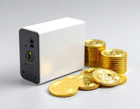 White rectangular device beside stacks of gold bitcoins on a light grey background
