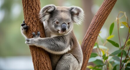Naklejka premium Portrait of an adorable koala bear clinging to a eucalyptus tree branch in nature at day