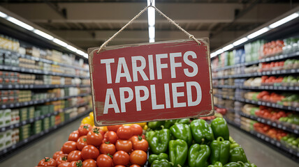 Red sign with Tariffs Applied text hanging in grocery store produce section