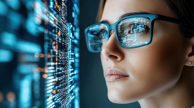 Digital technology glasses woman data visualization futuristic close up focus innovation - Powered by Adobe