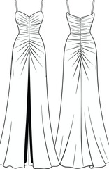 Elegant evening gown dress, ruched bodice, spaghetti straps, front slit, fitted silhouette, long flowing skirt, fashion flat sketch, vector illustration