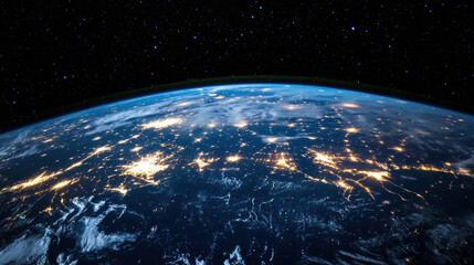 Fototapeta premium Earth from space, showcasing illuminated cities and natural landscapes under starry sky