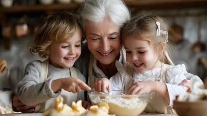 Joyful Baking: Capture a heart-warming moment as grandmother and children shares laughter and smiles while preparing food in the kitchen together. The image evokes feelings of warmth, family.