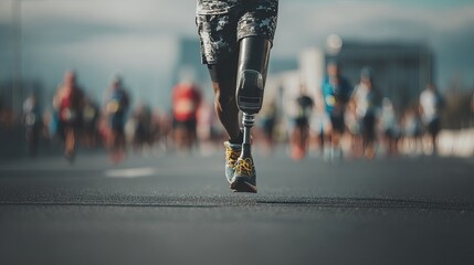 A male athlete with a prosthetic leg running in a marathon amidst a blurred crowd.