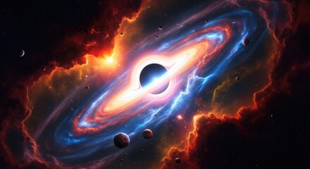 Black hole with accretion disk and planets in nebula