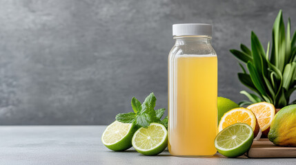 Fototapeta premium Fresh citrus drink in bottle with lime, lemon, and mint, evoking refreshing vibe