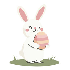 Smiling White Easter Bunny Holding a Pink and Peach Striped Egg