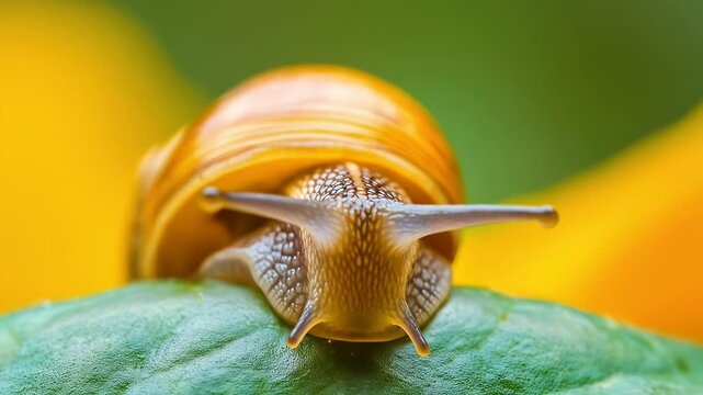 Captivating Macro Shot: Snail Slowly Crawling on a Vibrant Green Leaf, Nature's Tiny World Unfolds