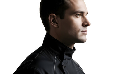 Obraz premium Stylish young man with dark hair and sharp features wearing a black jacket looking to the side against a white background for fashion and portrait photography projects
