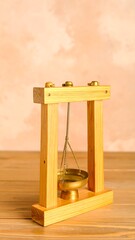 Wooden stand with hanging brass bowl; simple, elegant design