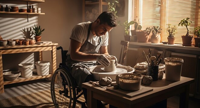 A man in a wheelchair focused on pottery, shaping clay on a wheel in a sunlit studio, surrounded by ceramic pieces and plants. - Powered by Adobe