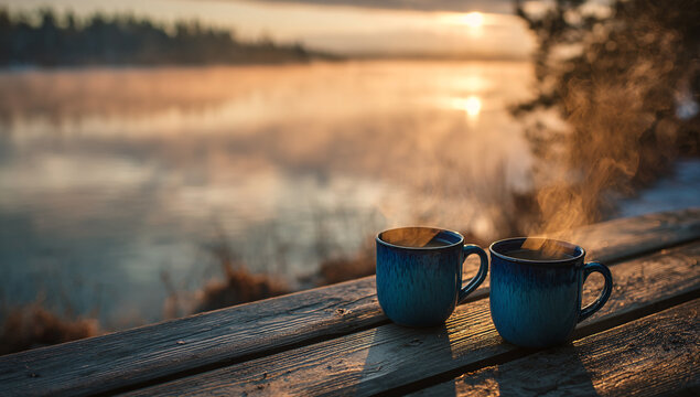 Two steaming cups of coffee sit on a rustic wooden table by a serene lake at sunrise - Powered by Adobe