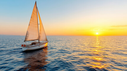 Fototapeta premium Sailboat gliding over calm waters at sunset, creating serene atmosphere