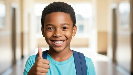 Happy African American boy giving thumbs up in school hallway smiling