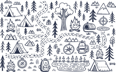 Obraz premium Camping and Outdoor Adventure Doodle Collection tent