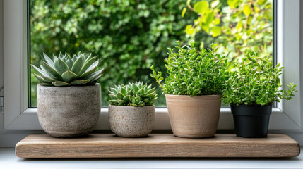 Lush windowsill garden featuring various succulents decorative pots, creating serene atmosphere