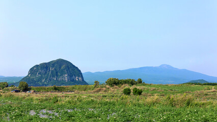 Sanbangsan Lava Dome with Hallasan Mountain in Background, Jeju Island