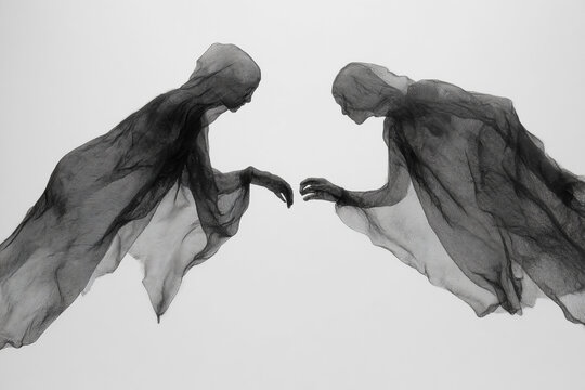 Two ethereal figures made of wire mesh reaching out to touch each other in a symbolic connection, black and white